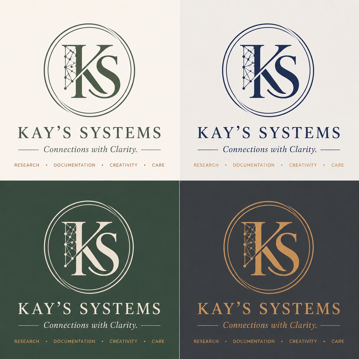 Kay's Systems logo variations, with the green monogram version selected for the homepage